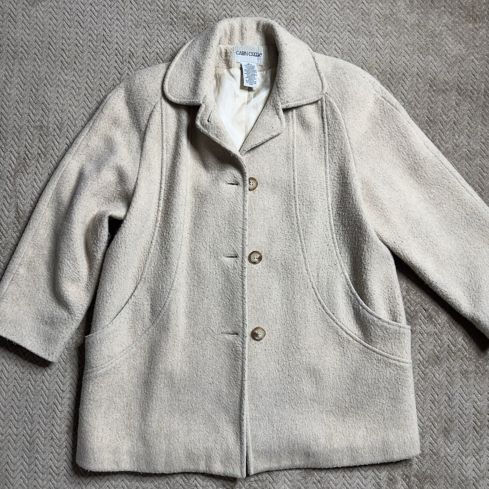 Cabin Creek Jacket Petite Women 8P Oatmeal Wool Button Up Shaped Car Coat Cozy